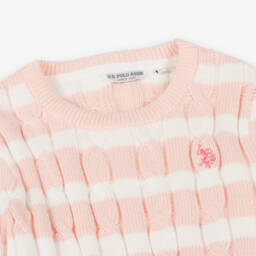 U.S. Polo Assn.-Girls Pink Stripe Cotton Cable Knit Jumper | Childrensalon Outlet
