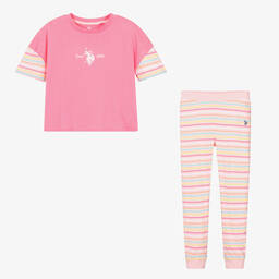 U.S. Polo Assn.-Girls Pink Striped Cotton Leggings Set | Childrensalon Outlet