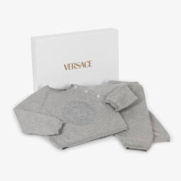 Versace-هدية طقم بنطلون قطن وكشمير لون رمادي للمواليد | Childrensalon Outlet