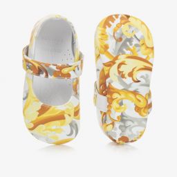 Versace-حذاء جلد صناعي لمرحلة قبل المشي لون أبيض وذهبي للمولودات | Childrensalon Outlet