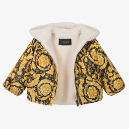 Versace-Черно-золотистая теплая куртка с принтом Barocco | Childrensalon Outlet