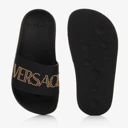 Versace-شبشب سلايدرز جلد لون أسود وذهبي | Childrensalon Outlet