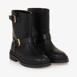 Versace-Boys Black Leather Biker Boots | Childrensalon Outlet