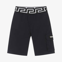 Versace-Boys Blue Cotton Greca Logo Bermuda Shorts | Childrensalon Outlet