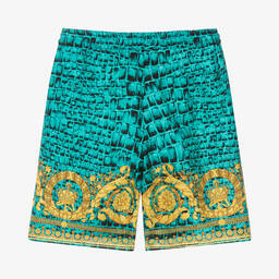 Versace-Золотисто-голубые шелковые шорты с принтом Barocco | Childrensalon Outlet