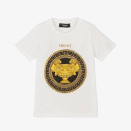 Versace-تيشيرت أبيض مزين بالذهب للأولاد | Childrensalon Outlet