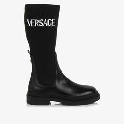Versace-Girls Black Leather & Knit Greca Boots | Childrensalon Outlet