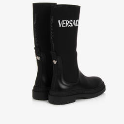 Versace-Girls Black Leather & Knit Greca Boots | Childrensalon Outlet