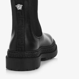 Versace-Girls Black Leather & Knit Greca Boots | Childrensalon Outlet