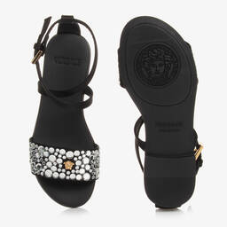 Versace-صندل فيسكوز ساتان وجلد لون أسود للبنات | Childrensalon Outlet
