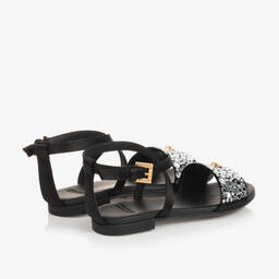 Versace-صندل فيسكوز ساتان وجلد لون أسود للبنات | Childrensalon Outlet