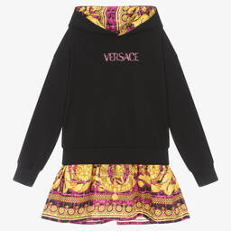 Versace-فستان بطبعة باروك قطن لون أسود وذهبي وزهري | Childrensalon Outlet