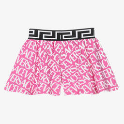 Versace-Розовая хлопковая юбка-шорты с принтом Greca | Childrensalon Outlet