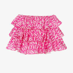 Versace-Girls Pink Logo Satin Ruffle Skirt | Childrensalon Outlet