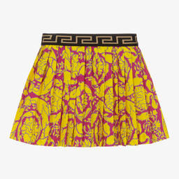 Versace-تنورة قطن بوبلين بكسرات لون زهري بطبعة باروك | Childrensalon Outlet