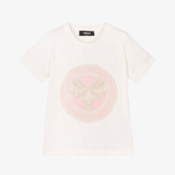 Versace-Футболка розово-белая с логотипом для девочек | Childrensalon Outlet