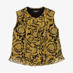 Versace-بلوزة بطبعة باروك حرير لون ذهبي وأسود | Childrensalon Outlet