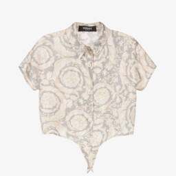 Versace-بلوزة باروك حريرية رمادية للبنات | Childrensalon Outlet