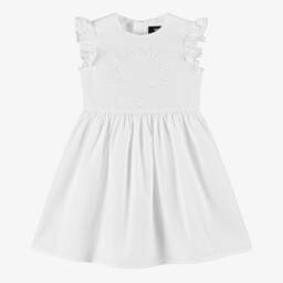 Versace-فستان قطني أبيض مطرز للبنات | Childrensalon Outlet