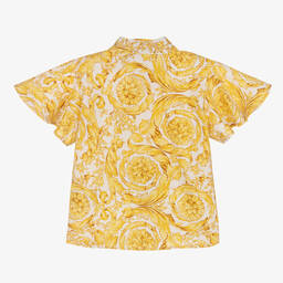 Versace-بلوز أطفال بناتي قطن بوبلين لون أبيض وذهبي بطبعة الباروك | Childrensalon Outlet