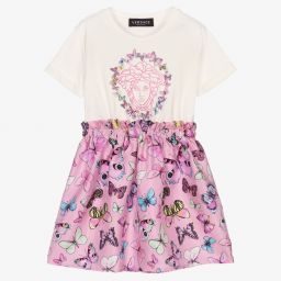 Versace-Кремово-розовое платье из шелка и джерси для девочек | Childrensalon Outlet