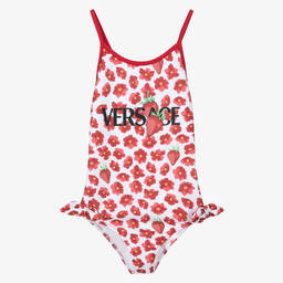 Versace-Junior Girls Red Floral Strawberry Swimsuit | Childrensalon Outlet