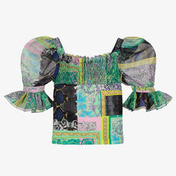 Versace-بلوز كريب وفيسكوز جيرسي بطبعة باروك للبنات | Childrensalon Outlet