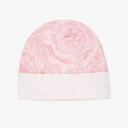 Versace-Pink Barocco Print Cotton Baby Hat | Childrensalon Outlet