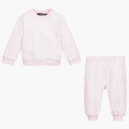 Versace-تراكسوت قطن جيرسي لون زهري و أبيض للمولودات | Childrensalon Outlet