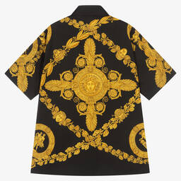 Versace-قميص قطن لون أسود وذهبي بطبعة الباروك | Childrensalon Outlet