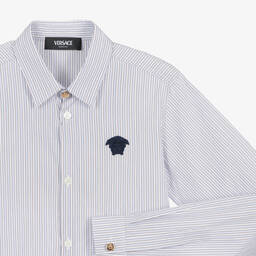 Versace-قميص قطن بوبلين مقلم لون أزرق للمراهقين | Childrensalon Outlet