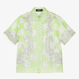 Versace-قميص بطبعة باروك حرير ساتان تويل لون أخضر | Childrensalon Outlet