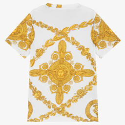 Versace-تيشيرت قطن جيرسي لون أبيض وذهبي بطبعة الباروك | Childrensalon Outlet