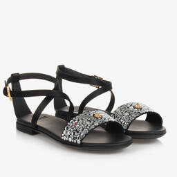 Versace-صندل فيسكوز ساتان وجلد لون أسود للمراهقات | Childrensalon Outlet