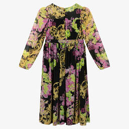 Versace-Черное шелковое платье с принтом Medusa Orchid | Childrensalon Outlet