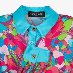 Versace-قميص تينز بناتي ساتان لون أزرق بطبعة ورود | Childrensalon Outlet