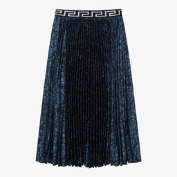 Versace-تنورة بكسرات لون كحلي بطبعة باروك للمراهقات | Childrensalon Outlet