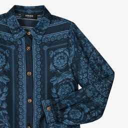 Versace-Синее шелковое платье-рубашка Barocco для девочек-подростков | Childrensalon Outlet