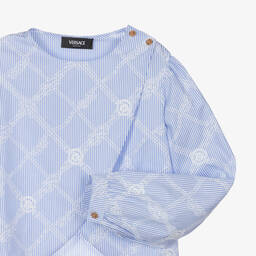 Versace-بلوزة قطن مقلم لون أزرق وأبيض للمراهقات | Childrensalon Outlet