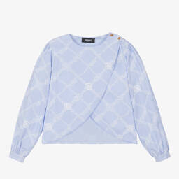 Versace-بلوزة قطن مقلم لون أزرق وأبيض للمراهقات | Childrensalon Outlet