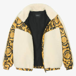 Versace-Золотистая куртка из плюшевого флиса с принтом Barocco | Childrensalon Outlet