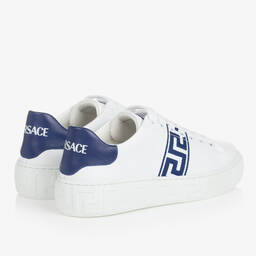 Versace-Teen White & Blue Greca Leather Trainers | Childrensalon Outlet