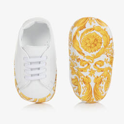 Versace-Белые кожаные пинетки с принтом Barocco | Childrensalon Outlet