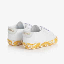 Versace-Белые кожаные пинетки с принтом Barocco | Childrensalon Outlet