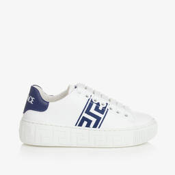 Versace-ترينرز بأربطة جلد لون أبيض وأزرق | Childrensalon Outlet