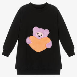 Wauw Capow-فستان سويتشيرت بطبعة قلب وتيدي بير لون أسود | Childrensalon Outlet