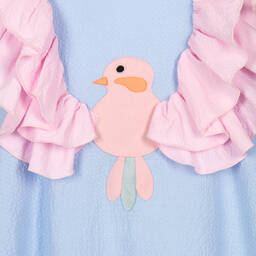 Wauw Capow-Girls Blue Cotton Bird Ruffle Dress | Childrensalon Outlet