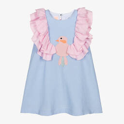 Wauw Capow-Girls Blue Cotton Bird Ruffle Dress | Childrensalon Outlet