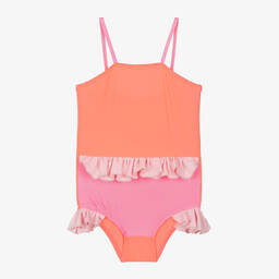 Wauw Capow-Girls Neon Coral Pink Ruffle Swimsuit | Childrensalon Outlet