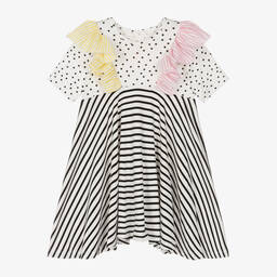 Wauw Capow-Girls White Polka Dots & Stripes Dress | Childrensalon Outlet